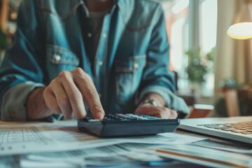 Pessoa usando calculadora financeira para planejar economia e investimentos