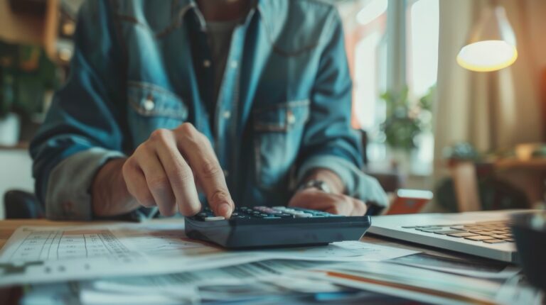 Pessoa usando calculadora financeira para planejar economia e investimentos