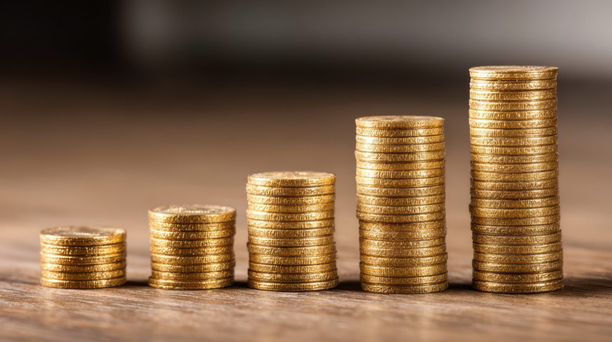 Moedas de ouro empilhadas representando crescimento de juros